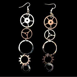 Handmade Steampunk Goth Dangly Gears Drop Earrings